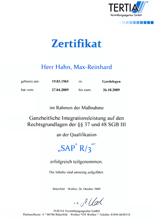 Certificate SAP R/3, page 1